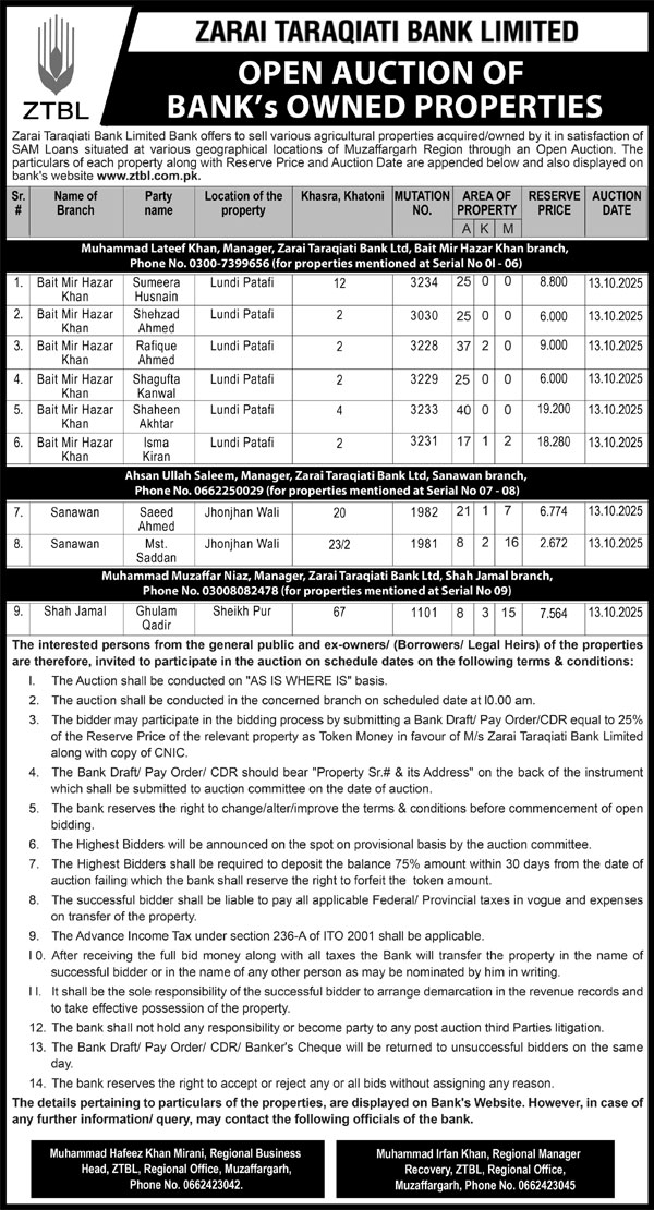 Zarai Taraqiati Bank Limited Tender Notice